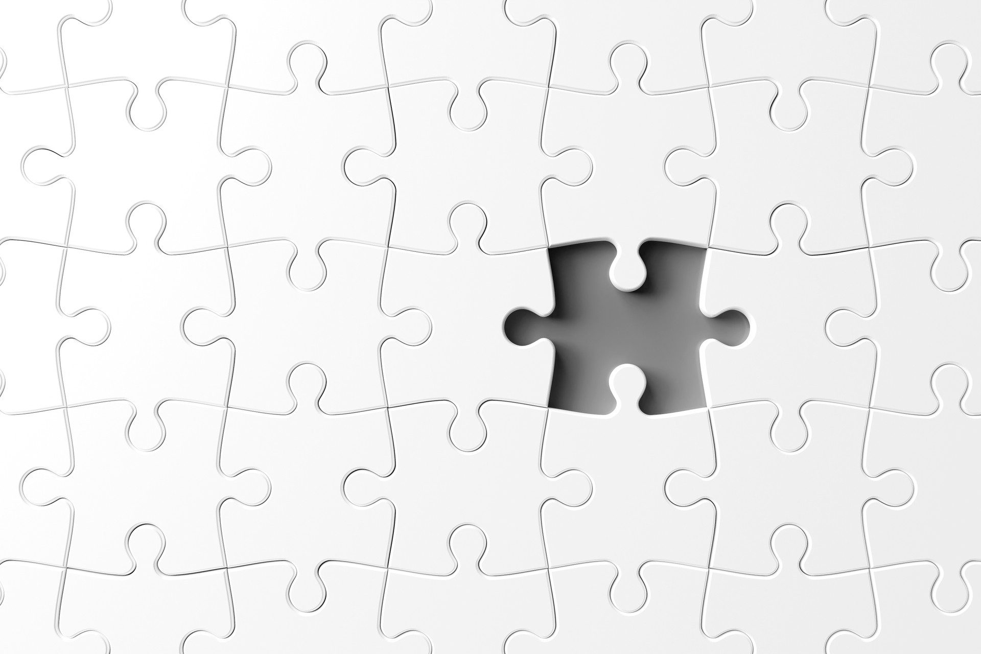 Concept of problem and solving. puzzles White jigsaw puzzle background with the last missing